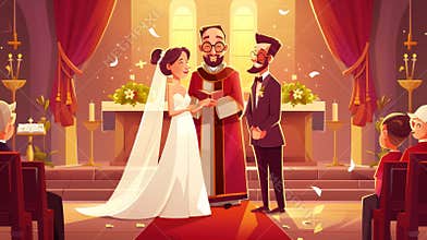 Catholic wedding ceremony in cathedral, with bride in white dress, groom and priest. Modern cartoon illustration of