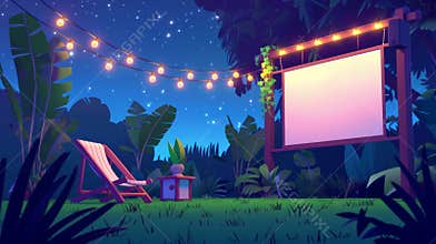 Outdoor cinema screen in summer backyard garden with projector, chair, and garland bulb light in evening. Cartoon