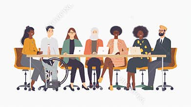 A business team set with diverse employees and disabled people. Multiracial group of employees at a table with laplops