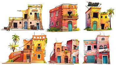 Set of ghetto city street houses modern illustrations. Cartoon Indian village neighborhood abandoned house isolated on