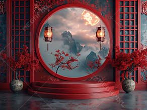 Chinese red background podium 3d stage product year new gold china lunar luxury stand. Golden chinese display background