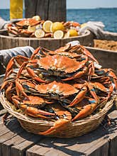 A basket of Maryland Blue Crabs on a dock