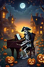 A cute pirate skeleton wearing his costums, sitting playing a piano at a yard, with scary pumpkins along the road, houses, horor