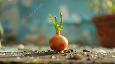 Small onion sprouting in a garden setting with blue background
