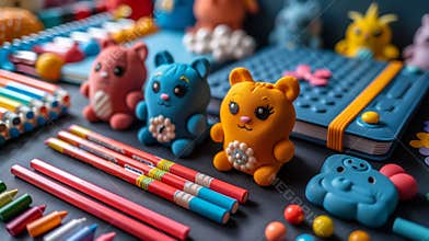 Colorful School Supply Kit With Playful Character Toys