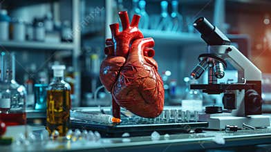 Heart model on lab bench, surrounded by equipment, hints at research complexities