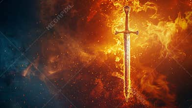 Sword of the spirit surrounded by flames representing faith and power