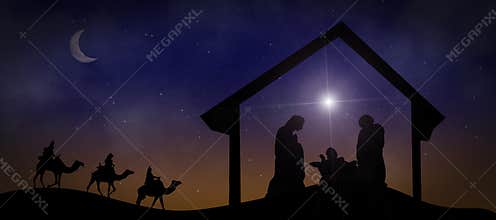 Nativity scene with the Magi in the desert, the star and the birth of Jesus Christ at night. Christian Christmas and the