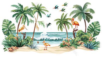 tropical summer illustrations, relaxing clipart of palm trees, tropical birds, and ocean waves on a white background