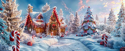 3D cartoon backdrop of a cozy house in snow with Christmas decorations and candy canes