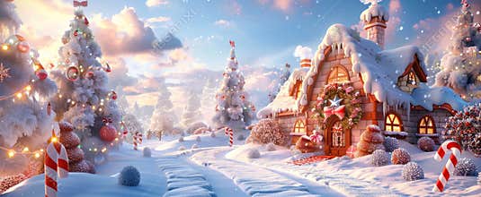 3D cartoon house in snow with festive Christmas lights and decorated trees