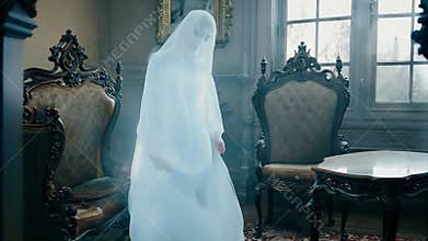 A ghostly apparition floats through a Victorian style room in a haunted building