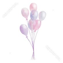 Watercolor illustration of hand painted helium air balloons in pastel pink, blue, purple colors. Isolated on white clip art for