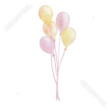Watercolor illustration of hand painted helium air balloons in pastel pink and yellow colors. Isolated on white clip art for