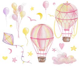 Watercolor illustration of hand painted yellow pink hot air balloons, kite, birds, hearts, stars, clouds isolated on white. Clip