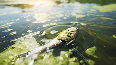 Dead fish in polluted water covered with algae, floating lifelessly under sunlight, environmental pollution concept