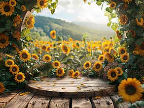 Podium background sunflower field product 3D platform nature scene display. Sunflower field podium background product