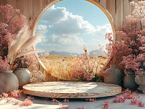 Empty wooden table with grain in rice field Podium background rice field product 3D platform nature scene display. Rice