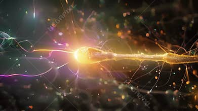 A microscopic view of a myelinated axon firing an electrical signal with bright bursts of light