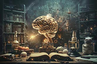 Human brain floating over table in magical science lab