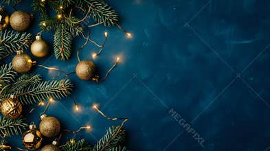 A christmas tree with decorations and lights, on a blue background