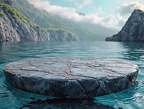Podium underwater stone stand background seaweed rock product platform sea 3d scene. Display underwater podium dark