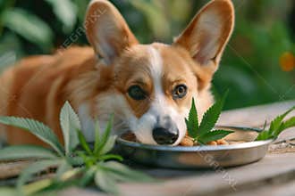 Corgi with Hemp Leaves and Bowl of CBD Treats, Promoting Natural Pet Care