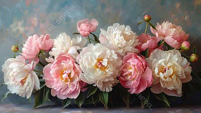 The delicate light pink and white cornelia shaylor peony blooms are beautifully captured in a stunning still life