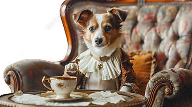 Cute little dog with a cup of hot tea Aristocrat dog sitting an English armchai