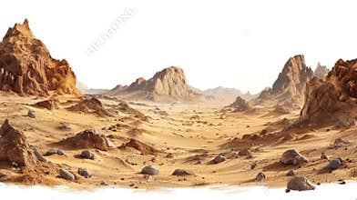 Serene desert landscape with rocky outcrops and distant mountains at midday