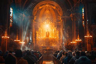 Dedicated parishioners united in profound prayer during a reverent church congregation