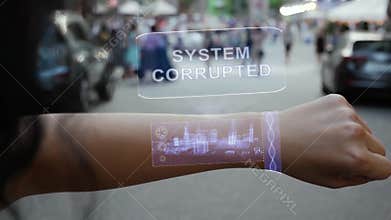 Female hand activates hologram System Corrupted