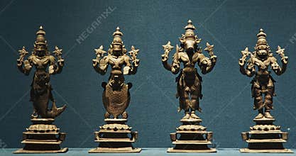 Row Of Old Ancient Bronze Figurines Of Indian Deities And Avatars. 10-19th Century Ce. Matsya Avatara, Kurma Avatara