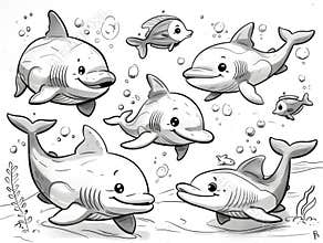 Funny cartoon dolphins, coloring book for children.