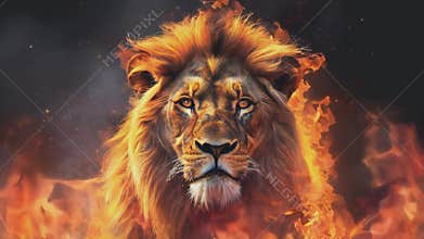 A courageous lion framed by flames on a black background.