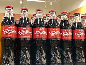 Coca-Cola replica bottles on shelfs in Russia