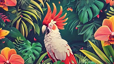 White cockatoo bird amid lush tropical foliage