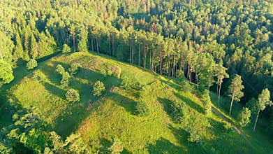 Scenic aerial view of Stirniai mound. Neris Regional Park, Vilnius, Lithuania.
