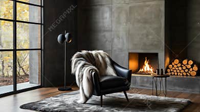 Accent chair with fur throw against concrete wall with fireplace. Loft home interior design of modern living room.