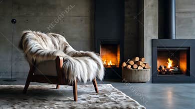 Close up Accent chair with fur throw against concrete wall with fireplace. Loft home interior design of modern living