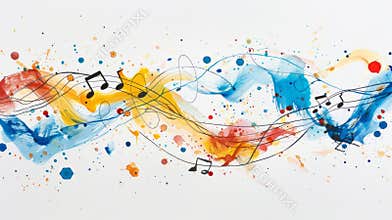 A minimalist design with abstract musical notes in bright blues, reds, and yellows on a white background