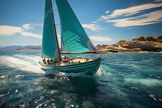 Scenic View of a Classic Sailboat in the Midst of Sailing Around the Greek coastlines,