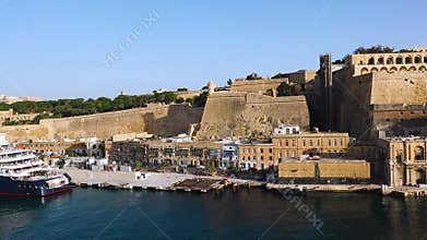 A Majestic View of Valletta&#x27;s Fortifications From the Grand Harbour. Valletta, the Capital City of Malta. The