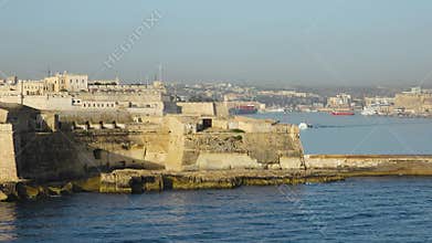 A Majestic View of Valletta&#x27;s Fortifications From the Grand Harbour. Valletta, the Capital City of Malta. The