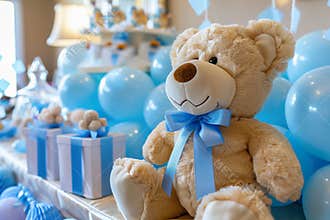 Charming Baby Shower Room Decor with Teddy Bear and Blue Balloons