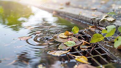 Autumn leaves floating in puddle of water next to storm drain grate on sunny day with blurred background showing