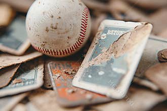 Vintage Baseball and Damaged Trading Cards Lying in Dusty Pile of Sports Memorabilia.
