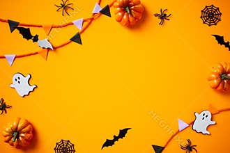 Halloween flat lay composition with pumpkins, spiders, ghosts, bunting flag garland on orange background. Happy Halloween banner