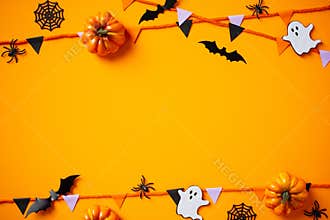 Halloween festive background featuring pumpkins, spiders, ghosts, bunting garland. Happy Halloween concept