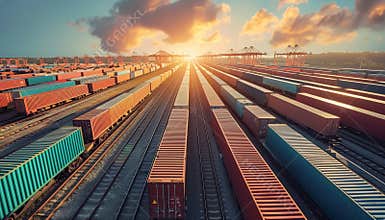 Global Business Of Container Cargo Freight Train For Business Logistics Concept, Air Cargo Trucking, Rail Transportation